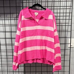 BiBi V-Neck Collared Sweater in Bold Pink Stripes - NWOT